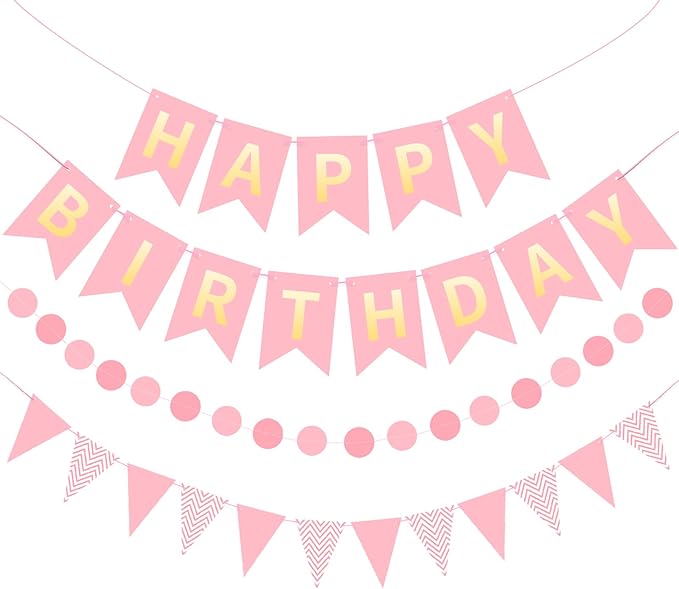 Pink Gold Happy Birthday Banner, Happy Birthday Decorations Hanging Birthday by Unknown