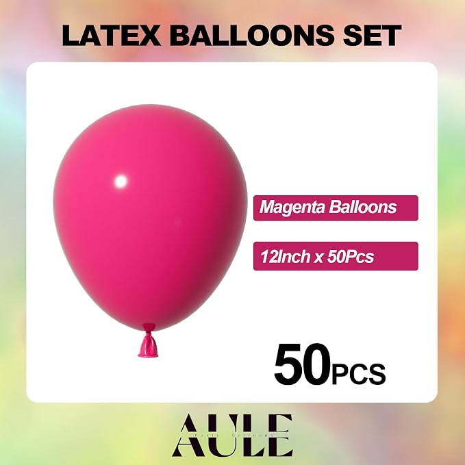 AULE 50Pcs Latex 12 Inch Hot Pink Balloons Fuchsia | Helium Party Happy - Image 2