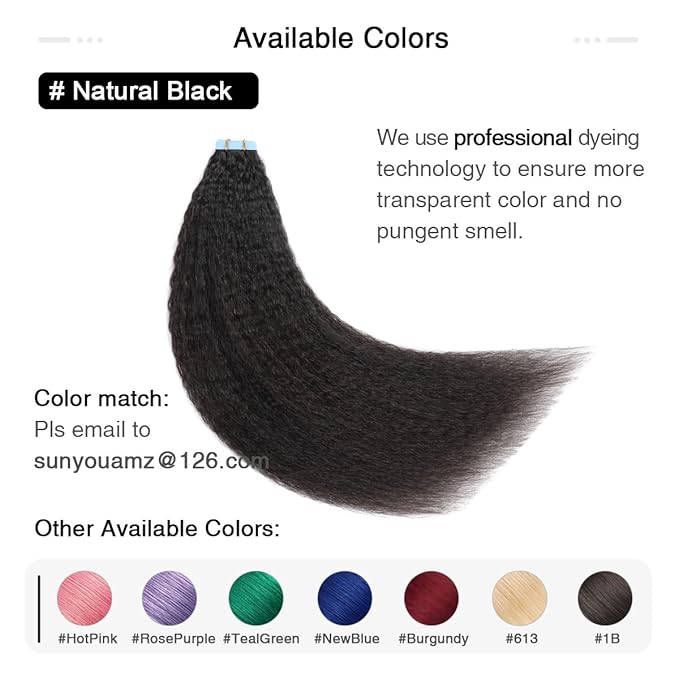 SUYYA Kinky Straight Natural Black Tape in Real Human Hair 16 Inch Skin Weft 40g/Pack 20PCS Tape in Extensions for Women (#1B Natural Black)