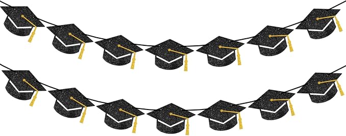 jijAcraft Black Gold Graduation Cap Banner, Glitter Grad Garland, 2 Pack 9.8ft by jijAcraft