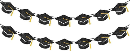 jijAcraft Black Gold Graduation Cap Banner, Glitter Grad Garland, 2 Pack 9.8ft by jijAcraft