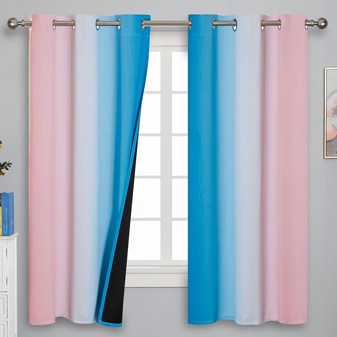 Pink and Blue Curtains 63 Inch Length 2 Panels, Ombre Total Blackout Curtains - Image 2