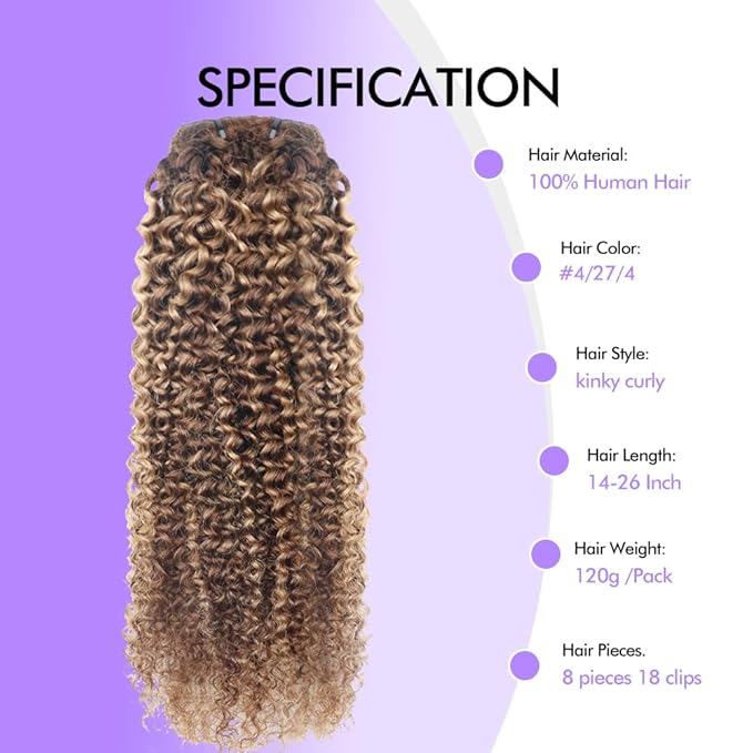 Curly Clip In Hair Extensions Real Human Hair Clip Ins Balayage Chocolate Brown to Caramel Blonde Human Hair Extensions 8Pcs with18clips 120g/Set (18 inch，#4/27/4)