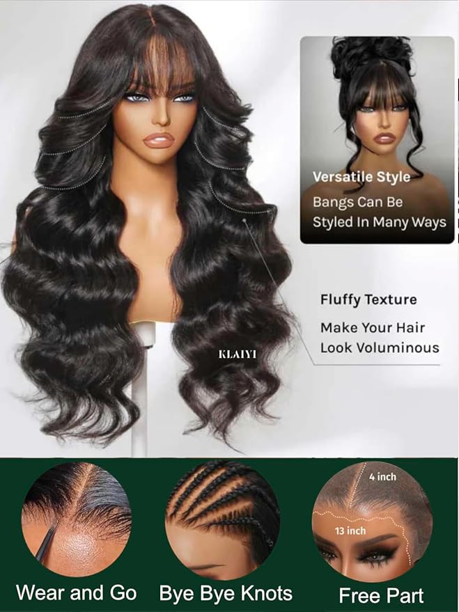 KLAIYI Pre Everything Glueless 13x4 Lace Front Wigs Human Hair Loose Body Wave Bye Bye Knots Pre Cut Lace Pre Bleached Pre Plucked 30S Ready to Wear And Go Frontal Wig with Natural Curtain Bang 26Inch