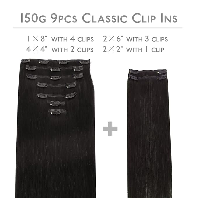 WENNALIFE Clip in Hair Extensions, 150g 20 Inch 9pcs Natural Black Human Hair Extensions Thicker Clip in Hair Extensions Real Human Hair Clip Set Double Weft