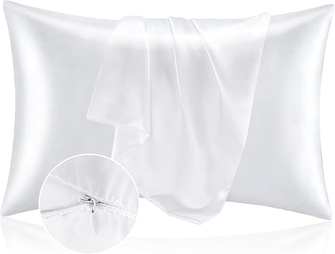 BEDELITE Satin Pillowcase with Zipper, White Pillow Cases Queen Size Set of 2, Super Soft and Cooling Similar to Silk Pillow Cases, Gift for Women Men(20x30 Inches)