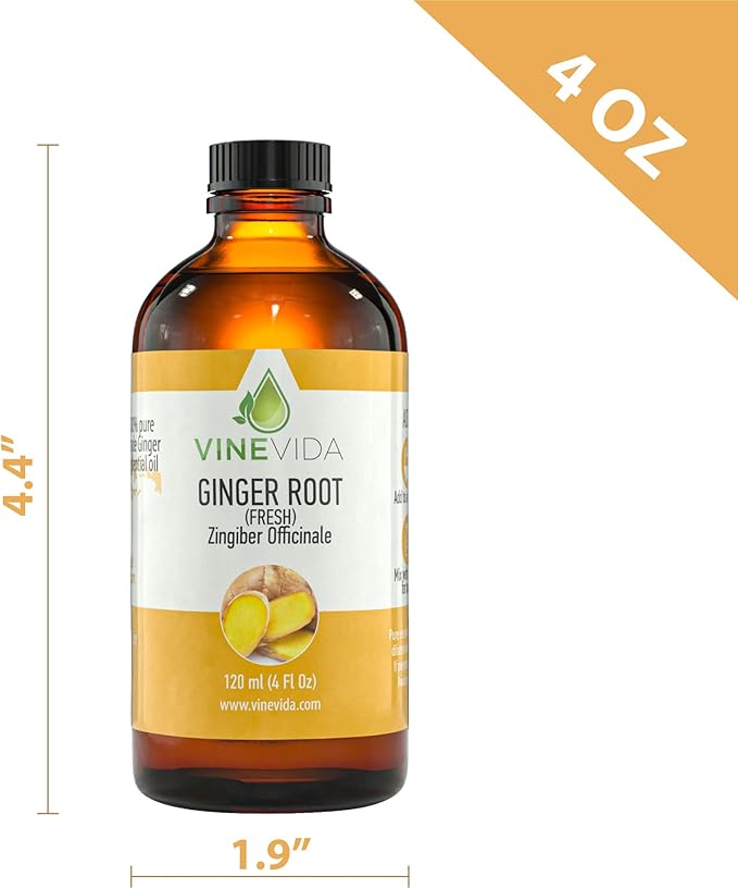 VINEVIDA Fresh Ginger Root Essential Oil 4 oz - Undiluted Ginger Root Oil 4 oz - Ginger Root Candle Oil Scent - DIY Candle Scents for Candlemaking - Bulk Essential Oil for Soap Making Safe for Skin