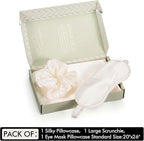 Vegan Silk Sleep Set, Vegan Silk Pillowcase with Large Scrunchie and Eye Mask for Hair and Skin, Self Care Essential Satin Night Routine Kit (Cream Color)