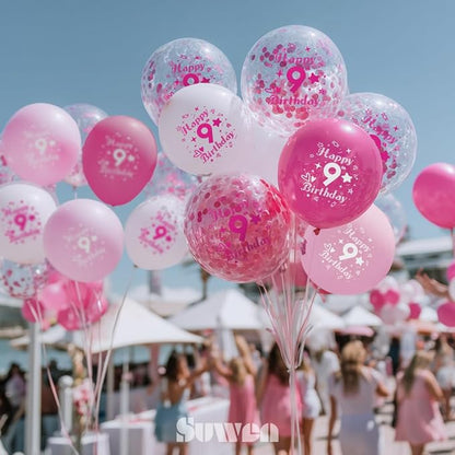SUWEN Pink 9th Number Printed Balloons 38PCS 12 Inch | 1-9 Latex Balloons Happy - Image 5