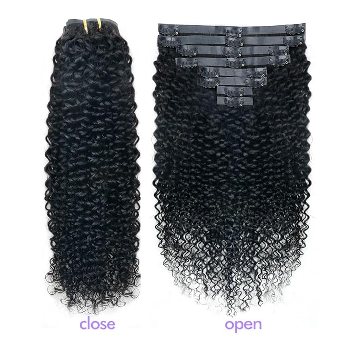Seamless 3C 4A Kinky Curly Clip In Extension PU Weft Curly Clip in Extension Human Hair Clip Ins Full Head for Black Women Brazilian Remy Human Hair Natural Color 8Pcs with18clips 120g/Set (16 inch)