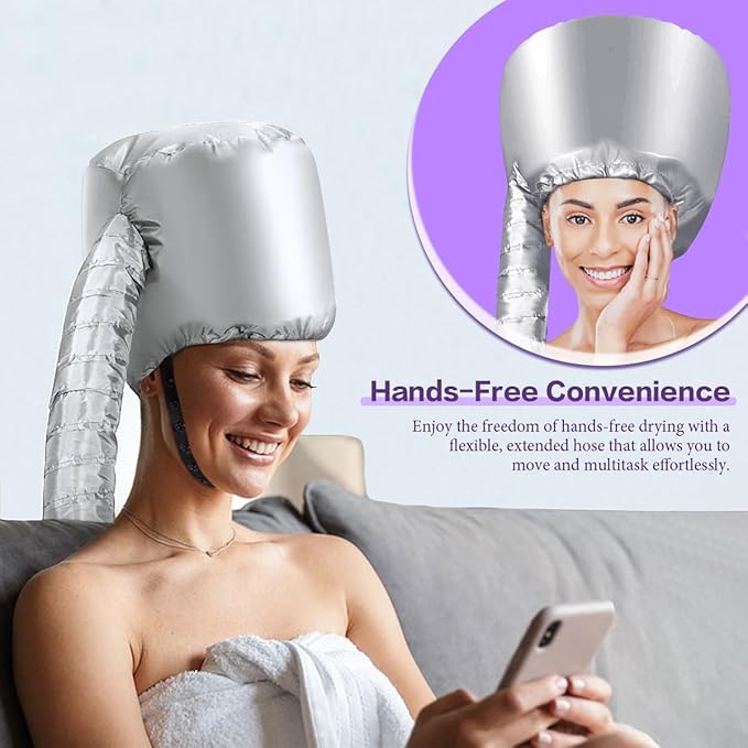 Hooded Hair Dryer Bonnet - Fast-Drying Bonnet Hair Dryer for Natural Hair, Deep Conditioning, Styling, & Curl Enhancing - Adjustable Fit, Heat Distribution, Portable & Lightweight for Travel（Silver）