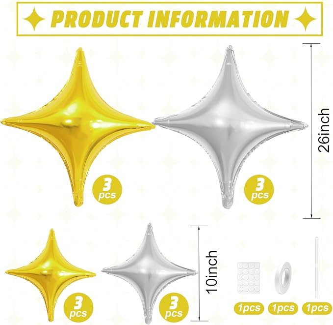 Gold Silver Star Balloons, 26Inch and 10Inch Gold Silver Quadrangle Helium - Image 2