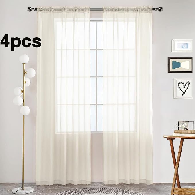 SpaceDresser Ivory Sheer Curtains 4 Panels Rod Pocket Semi-Sheer Curtain 45 - Image 2