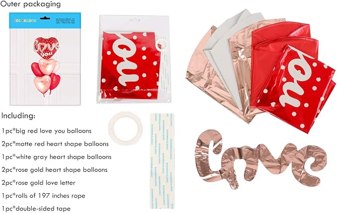 Red Heart Shape Rose Gold Love You Balloons Pack Of 6 Foil Helium Mylar Balloons - Image 2