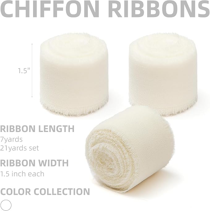 KEOSREE 3 Rolls Cream White Handmade Chiffon Ribbon, 1.5" x21Yd | Frayed Fringe - Image 2