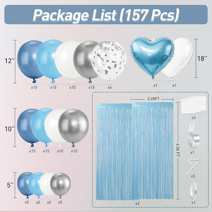 157PCS Pastel Blue Silver White Balloons Garland Arch Kit - Image 2