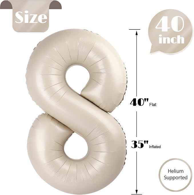 Cream Number 8 Balloon 40 Inch, 8th Birthday Party Decorations Men Women | Foil - Image 5