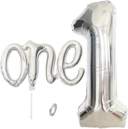 2Pcs Silver Foil 40" Number 1 and 26" Script Letter One Balloon Set | Large by WEILINZHOU