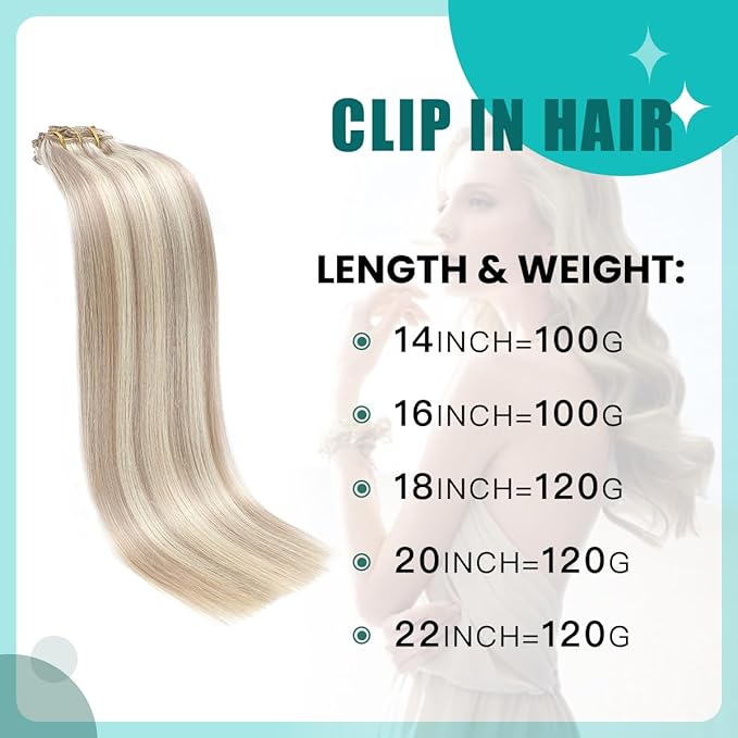 SURNEL 22inch Clip in Extensions Human Hair Ash Blonde Highlights Bleach Blonde Clip in Hair Extensions for Women 120g 6pcs(#18/613,22")