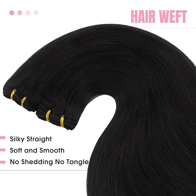 YoungSee 130G Sew in Hair Extensions Black Human Hair Weft Extensions Jet Black Real Hair Weft Extensions One Bundle for Long Hair 24 inch