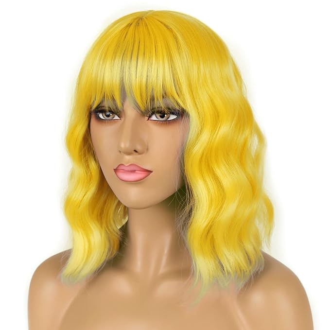 LANICE Yellow Wig Short Bob Wigs with Bangs for Women Loose Wavy Hair Shoulder Length Wigs Synthetic Colorful Wigs for Cosplay Daily PartyUse(Yellow，12inch)