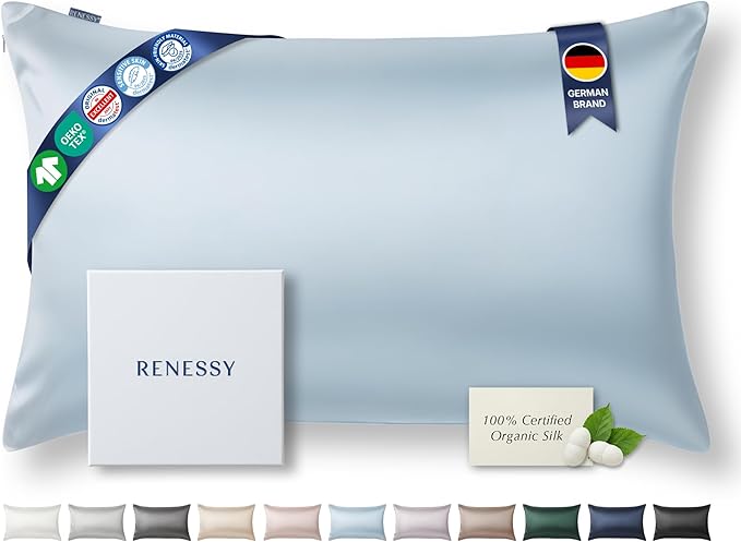 Premium Silk Pillowcase 100% Organic Mulberry Silk, 22 Momme, Grade 6A - Oeko-Tex Certified in Germany - Luxury for Hair & Skin, 1 Piece (King Size 20x36 Inches, Cloud Blue)