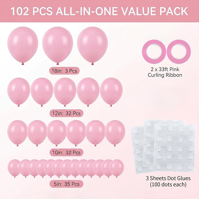 102pcs Light Pink Balloons Garland Arch Kit, 18 12 10 5 Inch Balloons | - Image 2