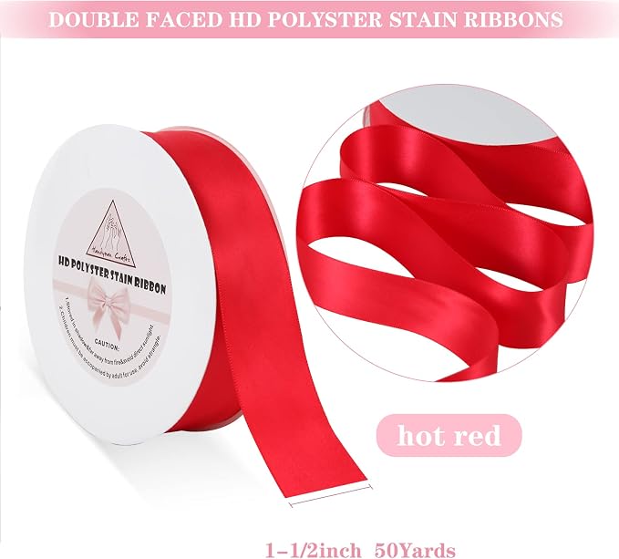 Red Satin Ribbon for Gift Warping, 1.5inch 50 Yards Solid Polyester Fabric - Image 2