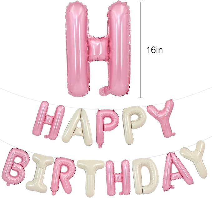 TONIFUL 16 Inch Cream White Pink Happy Birthday Balloons Banner Decorations | - Image 2
