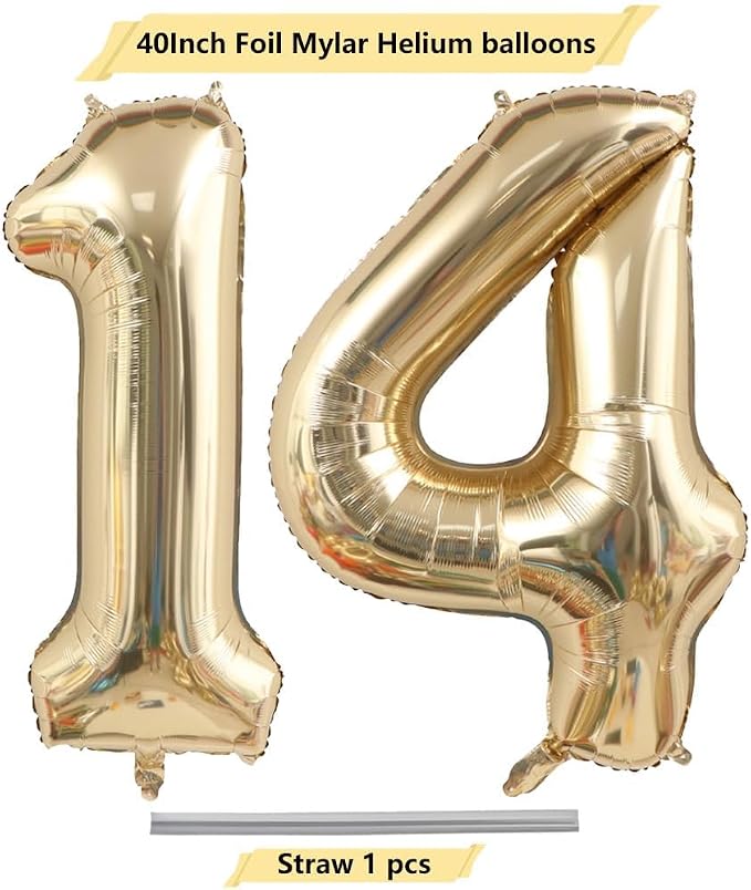 Light Gold 14 Number Balloons 40 Inch Giant Champagne Gold Birthday Numbers | - Image 4