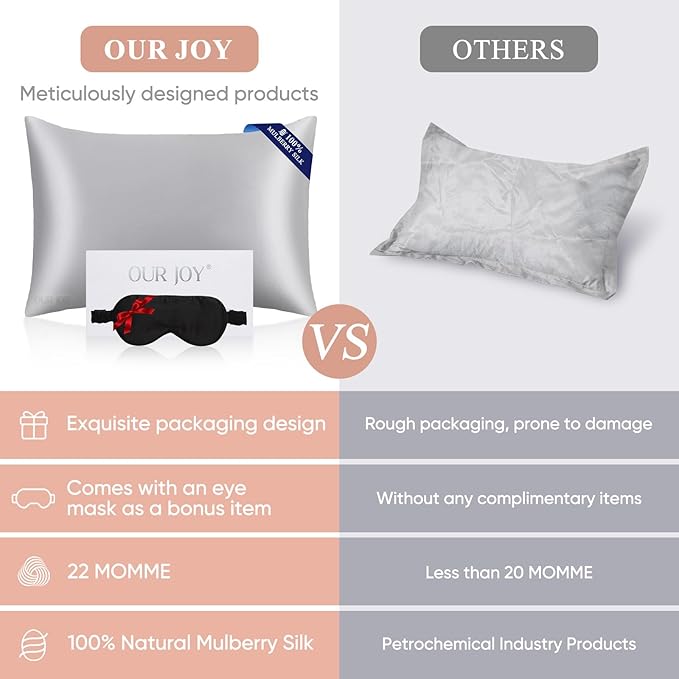 100% Mulberry Silk Pillowcase 22 Momme (SGS Certified) with Free Silk Eye Mask - Luxury Gift-Ready Folded Packaging, Cooling Pillow Cover for Hair & Skin Care (Silver Gray, Standard (1 Pack))
