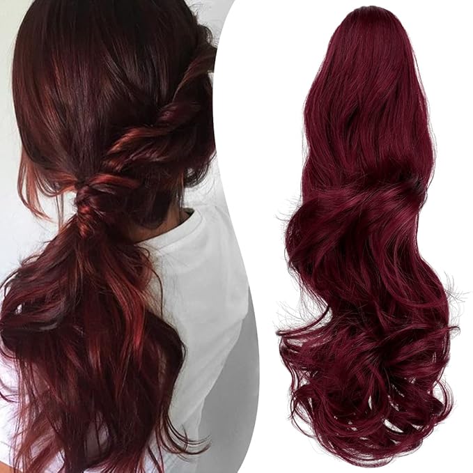 Claw Clip Ponytail Extension 18" Clip in Wavy Ponytail Hair Extensions Long Pony Tails for Women Extensions Wine Red Hairpiece