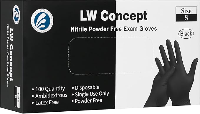LW Concept Black Nitrile Disposable Gloves - Latex & Powder-Free (Small, Box of 100)
