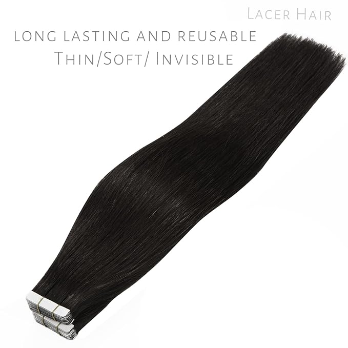 Lacerhair Tape in Hair Extensions Human Hair - 20 Inch Natural Black 100% Real Virgin Tape in Human Hair Extensions Double Sided 50g 20pcs/set