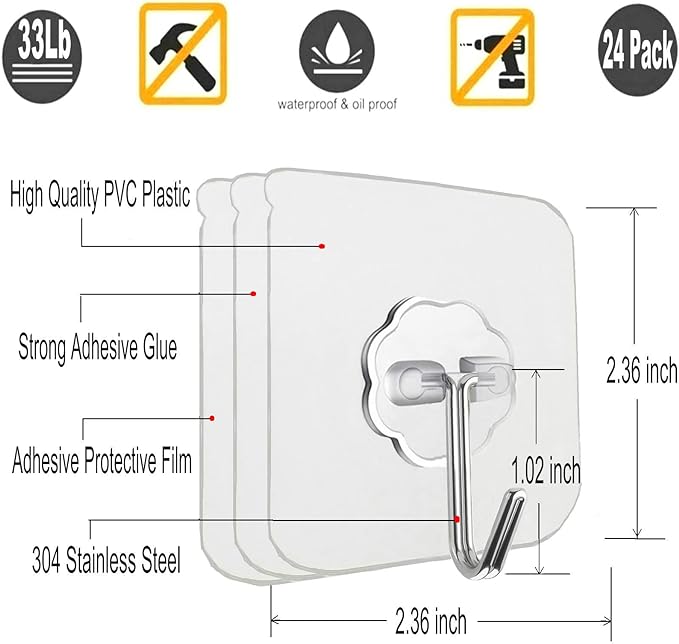 12 Pack Adhesive Wall Hooks 33LB Heavy Duty No Drill Transparent Waterproof - Image 2