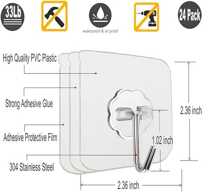 12 Pack Adhesive Wall Hooks 33LB Heavy Duty No Drill Transparent Waterproof - Image 2