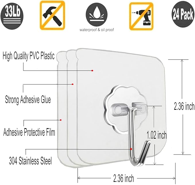 24 Pack Adhesive Wall Hooks 33LB Heavy Duty No Drill Transparent Waterproof - Image 2