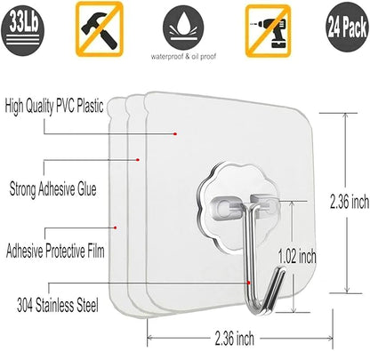 24 Pack Adhesive Wall Hooks 33LB Heavy Duty No Drill Transparent Waterproof - Image 2