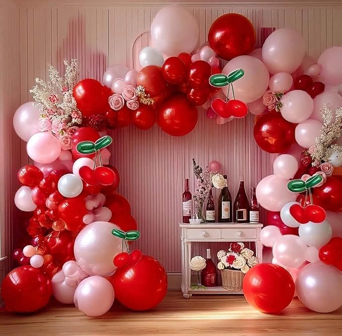 Red Pink Balloon Arch Double Stuffed Latex Pink White Pearl Balloons Red Green - Image 8
