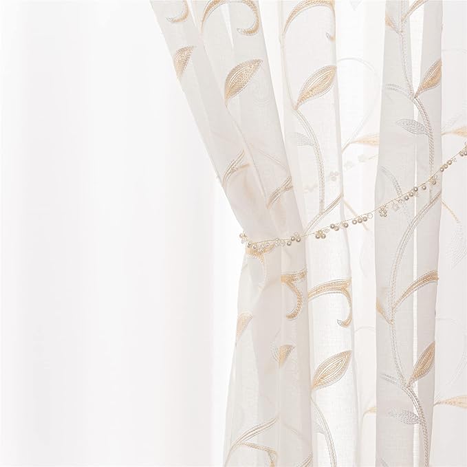 White Sheer Curtains Beige Embroidered Leaves 2 Panels 54Wx72L | Light - Image 6
