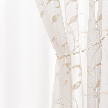 White Sheer Curtains Beige Embroidered Leaves 2 Panels 54Wx108L | Light - Image 5