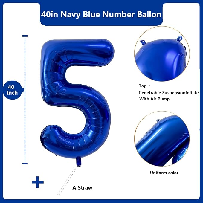 40 inch Navy Blue Number Balloon Dark Blue 5 Balloons Giant Foil Helium - Image 2