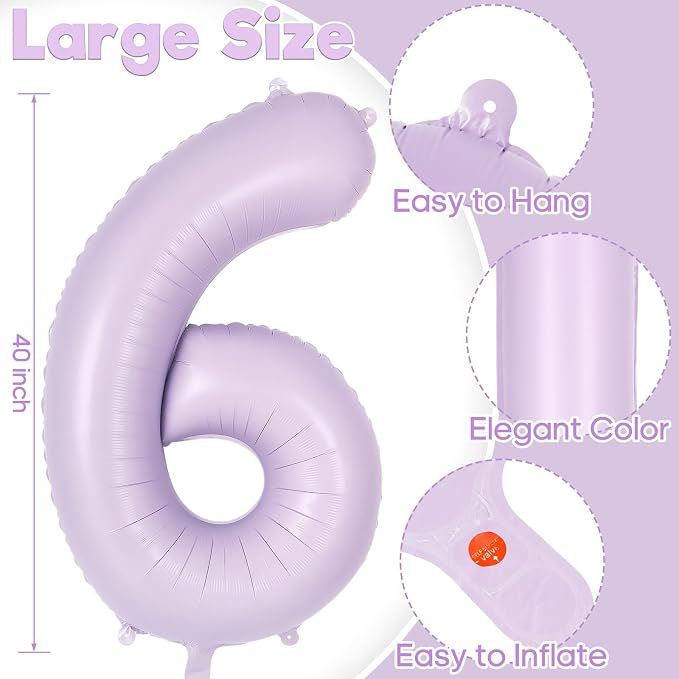 Light Purple Number 6 Balloon, 40 Inch Big Large Foil Helium Number Balloons - Image 3