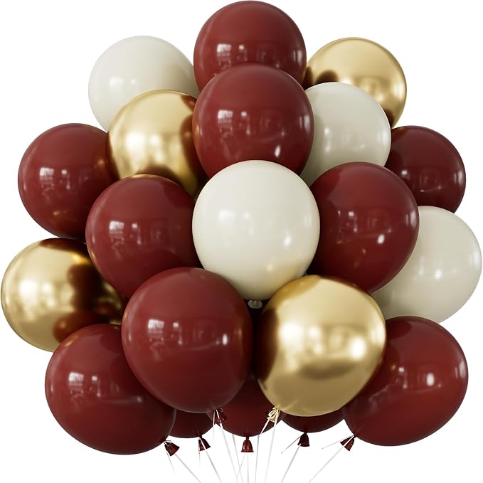 Burgundy and Gold Balloons, Metallic Gold and White Sand Latex Balloon by Adeyoo