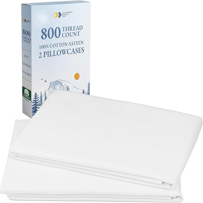California Design Den Heirloom Soft, Smooth & Thick Certified 800 Thread Count 100% Cotton Sateen, 2 White Standard Pillowcases Fits Standard & Queen Size Pillows (Bright White)