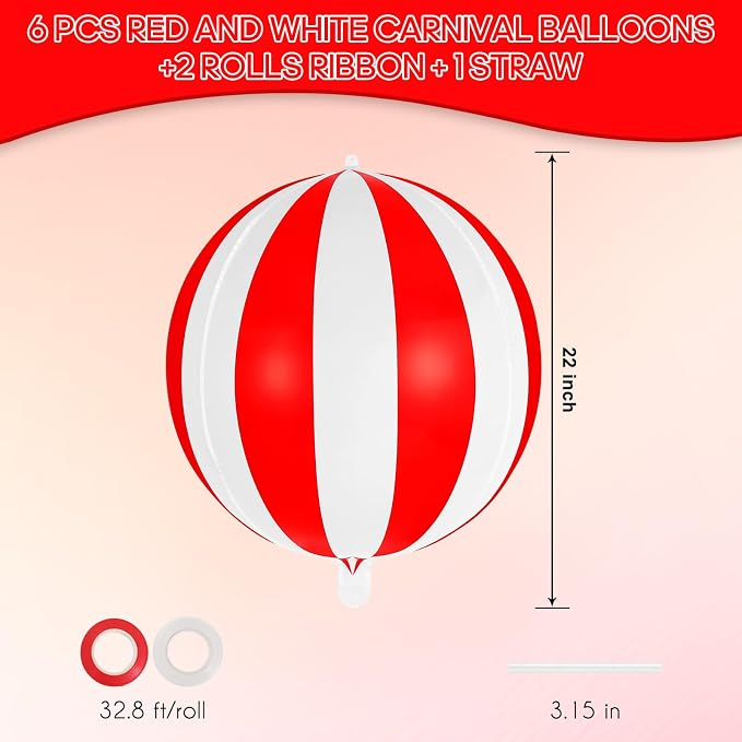 Red and White Striped Balloons, 22 Inch Metallic Circus Foil Balloons - Image 3