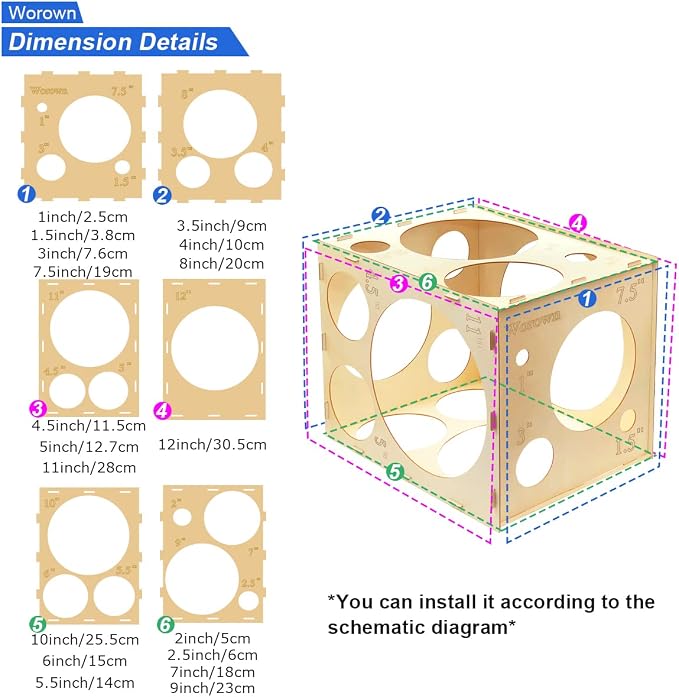 Worown 18 Holes Collapsible Wood Balloon Measurement Box, 1-12 Inch Sizer Cube - Image 4
