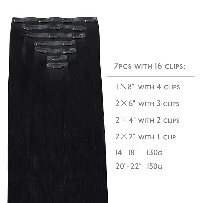 WENNALIFE Seamless Clip In Hair Extensions, 16 Inch 130g 7pcs Jet Black Hair Extensions Clip in Human Hair Invisible PU Skin Weft Natural Remy Human