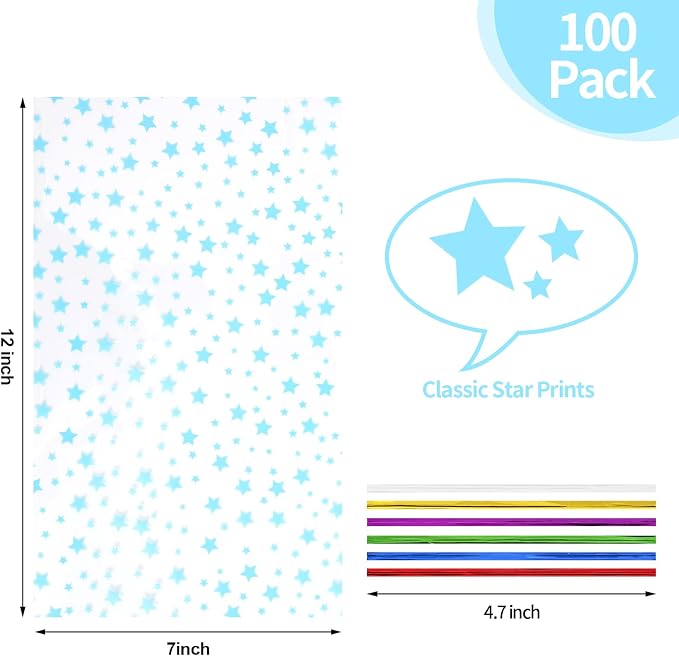 COQOFA 100 Pcs 7"X12" Blue Star Printed Clear Gift Cellophane Treat Bag Party - Image 2