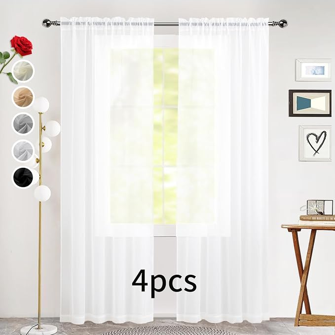 SpaceDresser Sheer White Curtains 4 Panels Rod Pocket Semi-Sheer Curtain 90 - Image 2